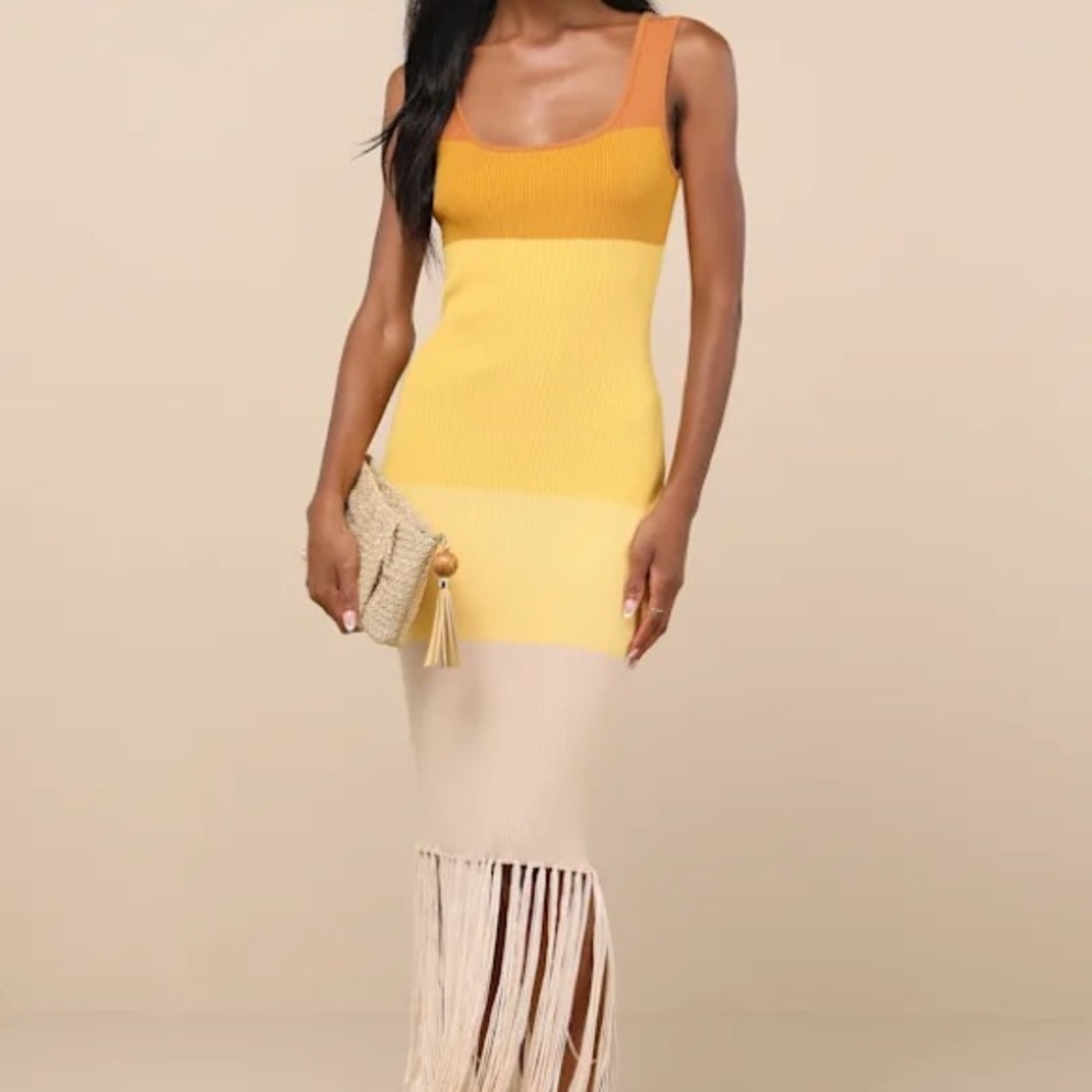 Lulu's Colorblock Ribbed Maxi Dress in Mustard, Yellow & Cream